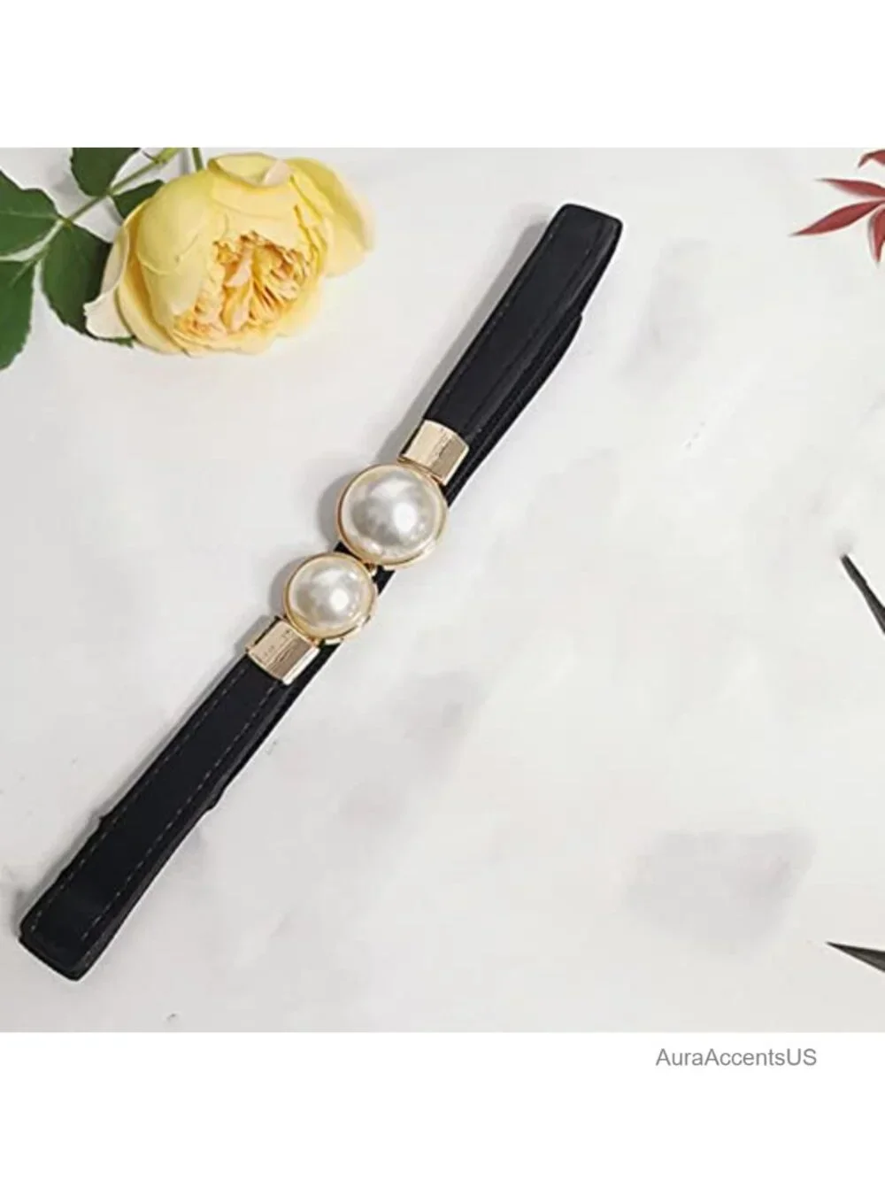 PU Leather Pearl Embellished Stretch Waist Belt for Dresses